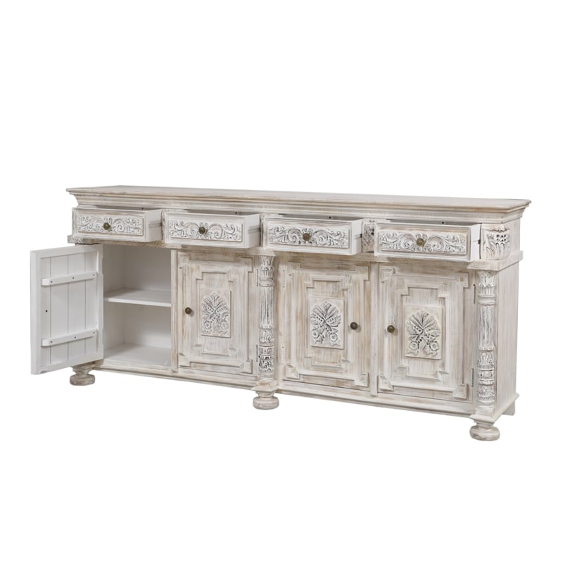 Pemberly Row Hand-Carved 4-Drawer 4-Door Solid Wood Sideboard in White