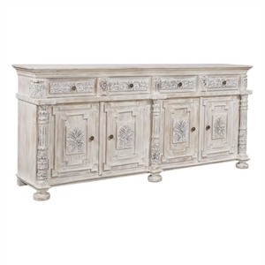 Pemberly Row Hand-Carved 4-Drawer 4-Door Solid Wood Sideboard in White