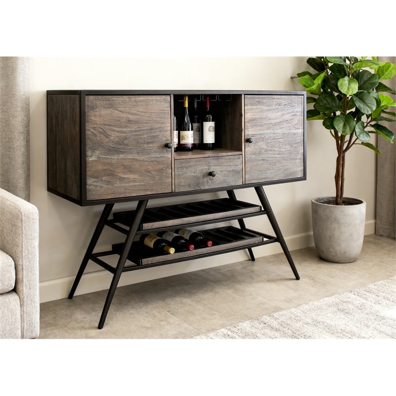 Pemberly Row Contemporary Solid Mango Wood Wine Buffet in Weathered Gray
