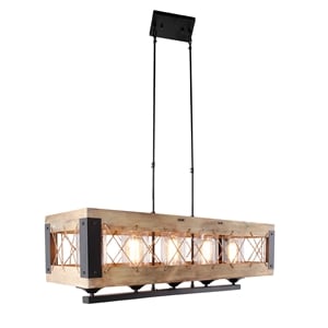 Pemberly Row 5-Light Clear Glass Pendant on Jute/Wood/Black Iron Frame