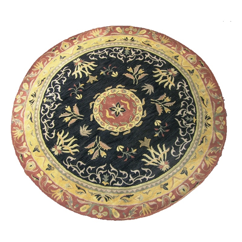 Pemberly Row 8x8 Round Hand-Tufted Wool Traditional Area Rug in Black