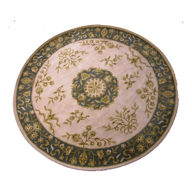 Pemberly Row 8x8 Round Hand-Tufted Wool Traditional Area Rug in Ivory