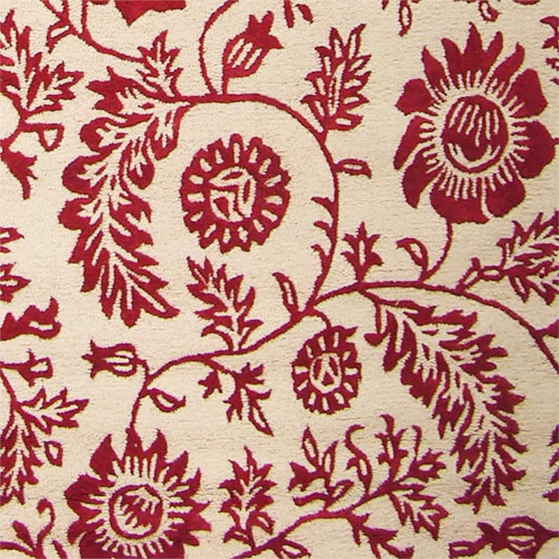 Pemberly Row 8x8 Round Hand-Tufted Wool Rug with Red Floral on Ivory