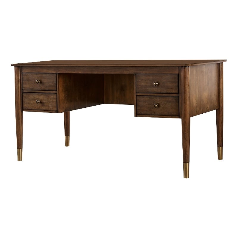 Pemberly Row Wooden Desk with 4 Drawers and Metal Toed Feet in Brown and Gold
