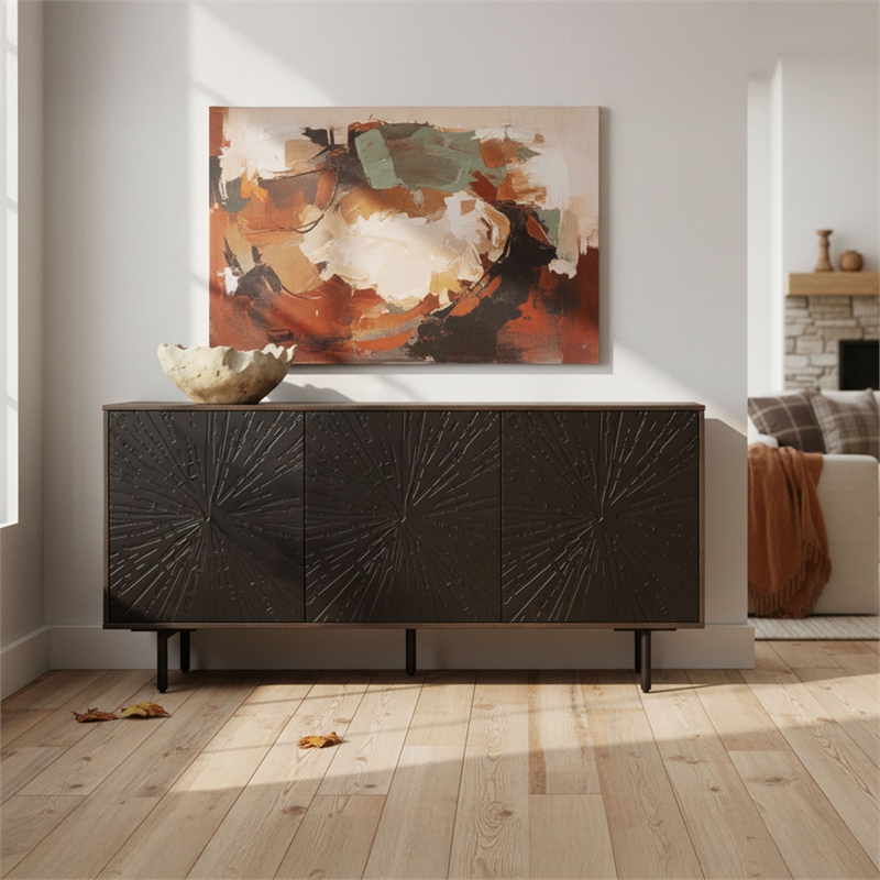 Pemberly Row 64 Inch TV Stand Console with 3-Door Cabinet in Brown and Black
