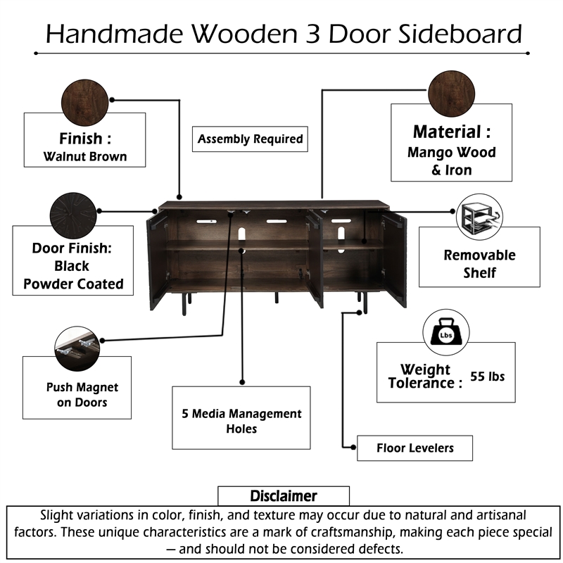 Pemberly Row 64 Inch TV Stand Console with 3-Door Cabinet in Brown and Black