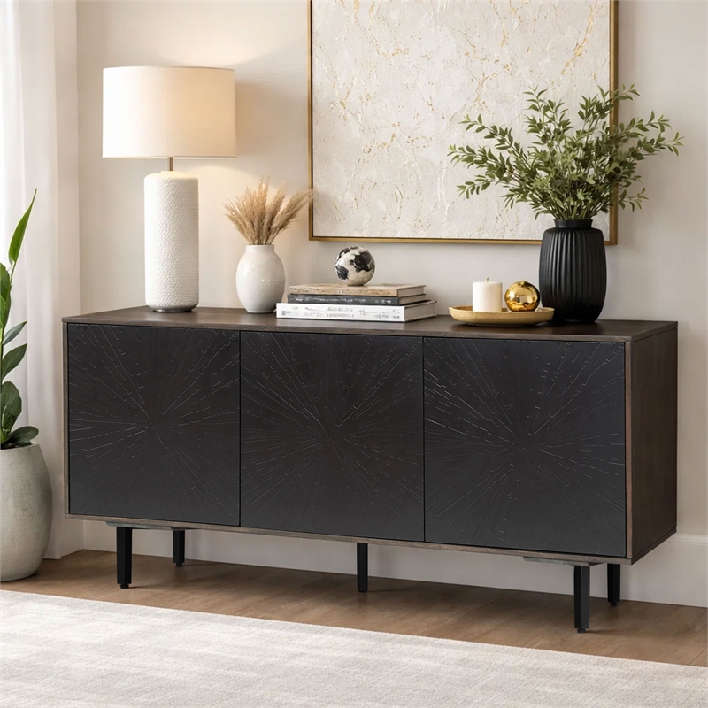 Pemberly Row 64 Inch TV Stand Console with 3-Door Cabinet in Brown and Black