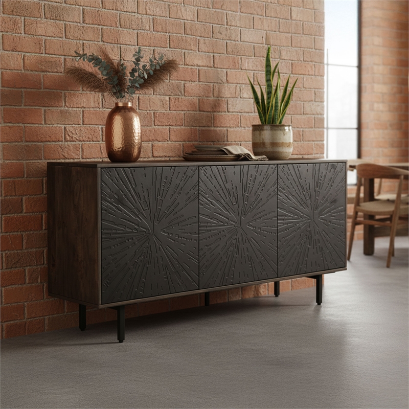 Pemberly Row 64 Inch TV Stand Console with 3-Door Cabinet in Brown and Black
