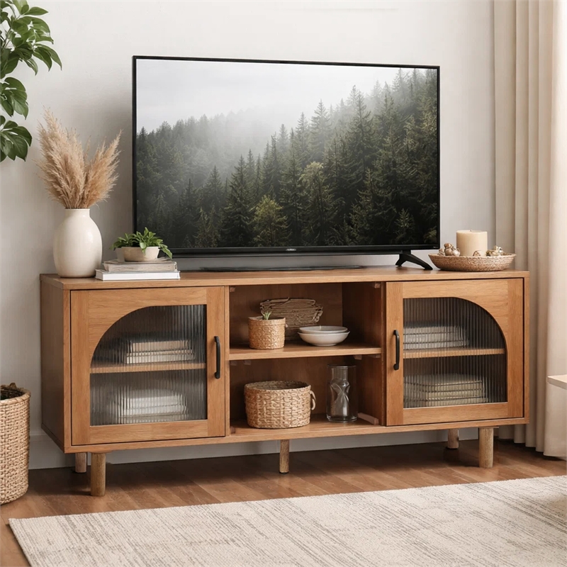 Pemberly Row 64 Inch TV Stand Console with 2 Glass Door Cabinets in Brown