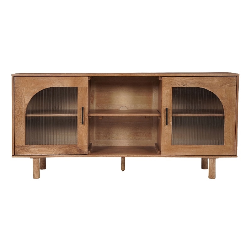Pemberly Row 64 Inch TV Stand Console with 2 Glass Door Cabinets in Brown