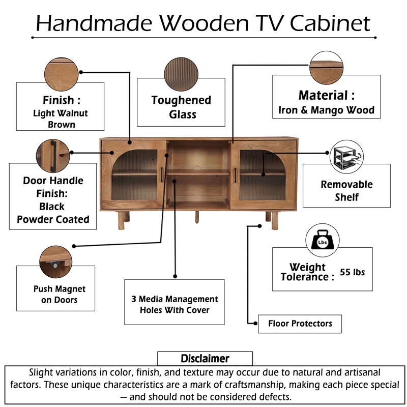 Pemberly Row 64 Inch TV Stand Console with 2 Glass Door Cabinets in Brown