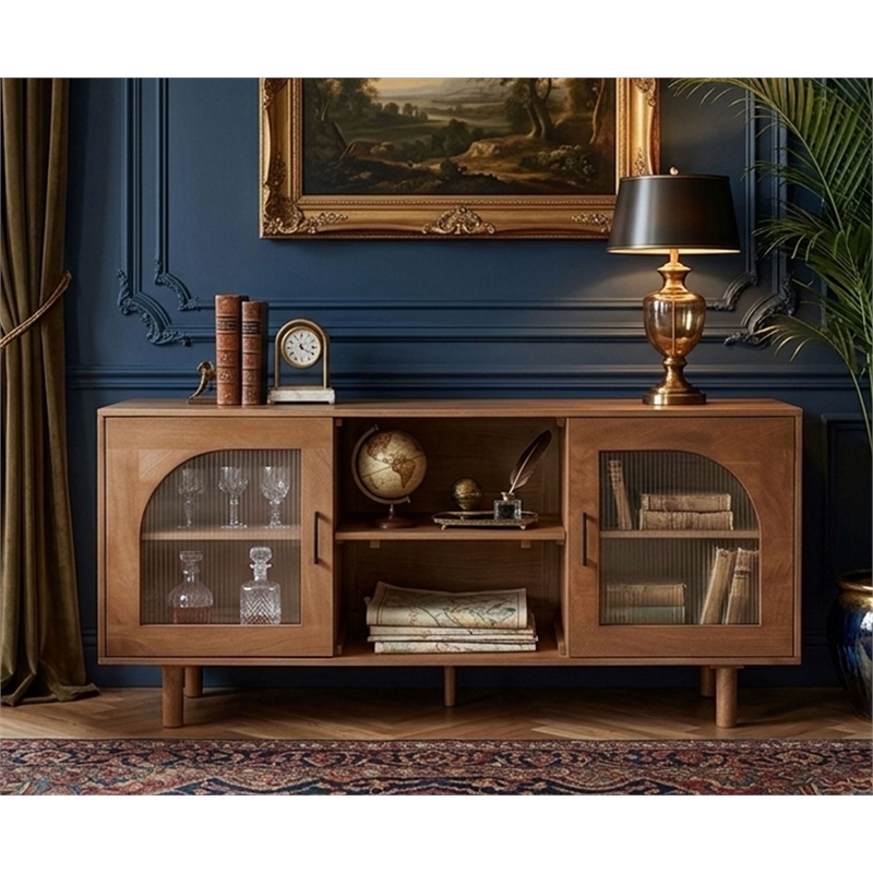 Pemberly Row 64 Inch TV Stand Console with 2 Glass Door Cabinets in Brown