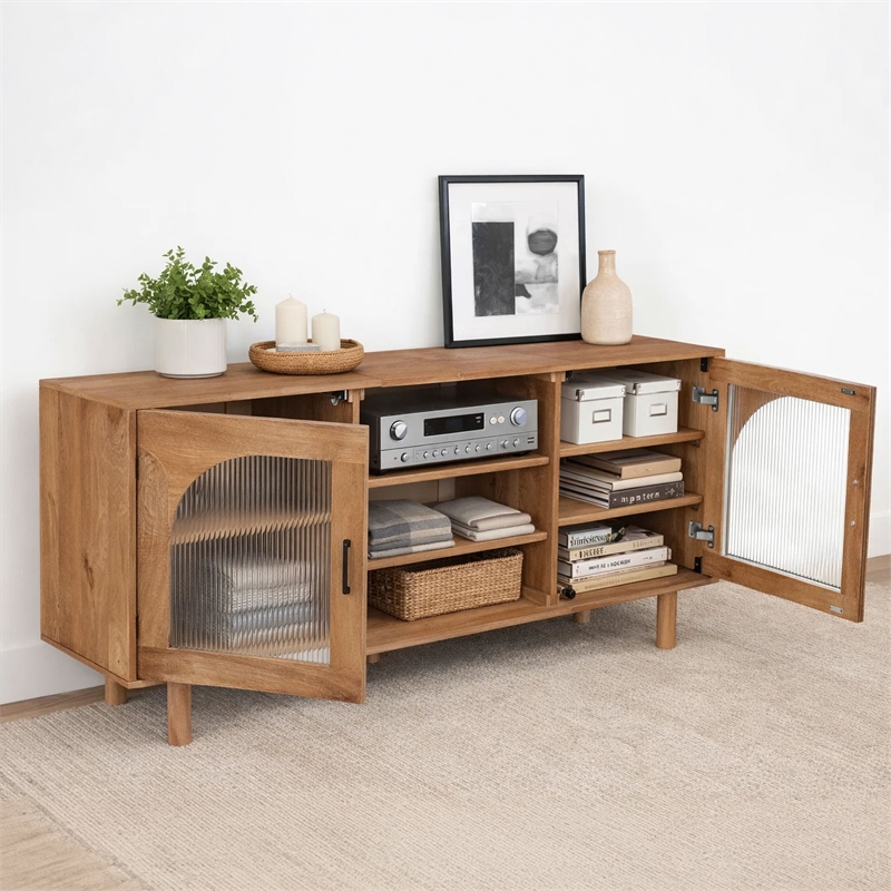 Pemberly Row 64 Inch TV Stand Console with 2 Glass Door Cabinets in Brown