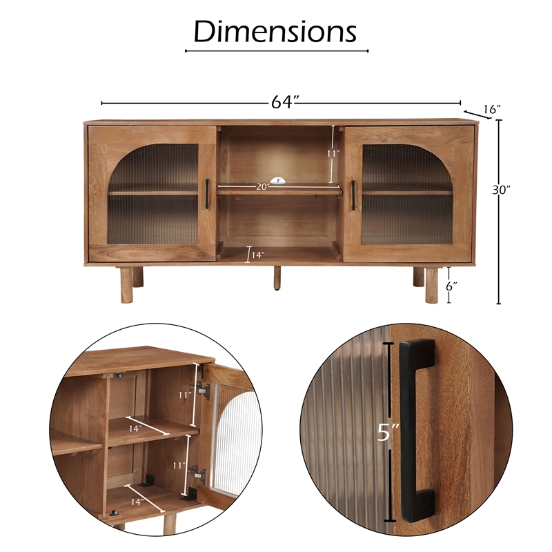 Pemberly Row 64 Inch TV Stand Console with 2 Glass Door Cabinets in Brown