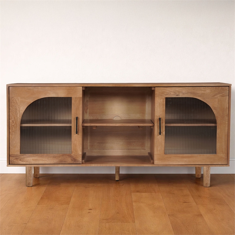 Pemberly Row 64 Inch TV Stand Console with 2 Glass Door Cabinets in Brown
