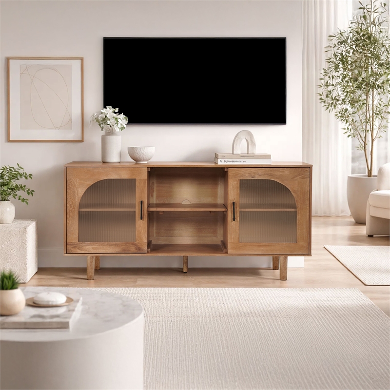 Pemberly Row 64 Inch TV Stand Console with 2 Glass Door Cabinets in Brown
