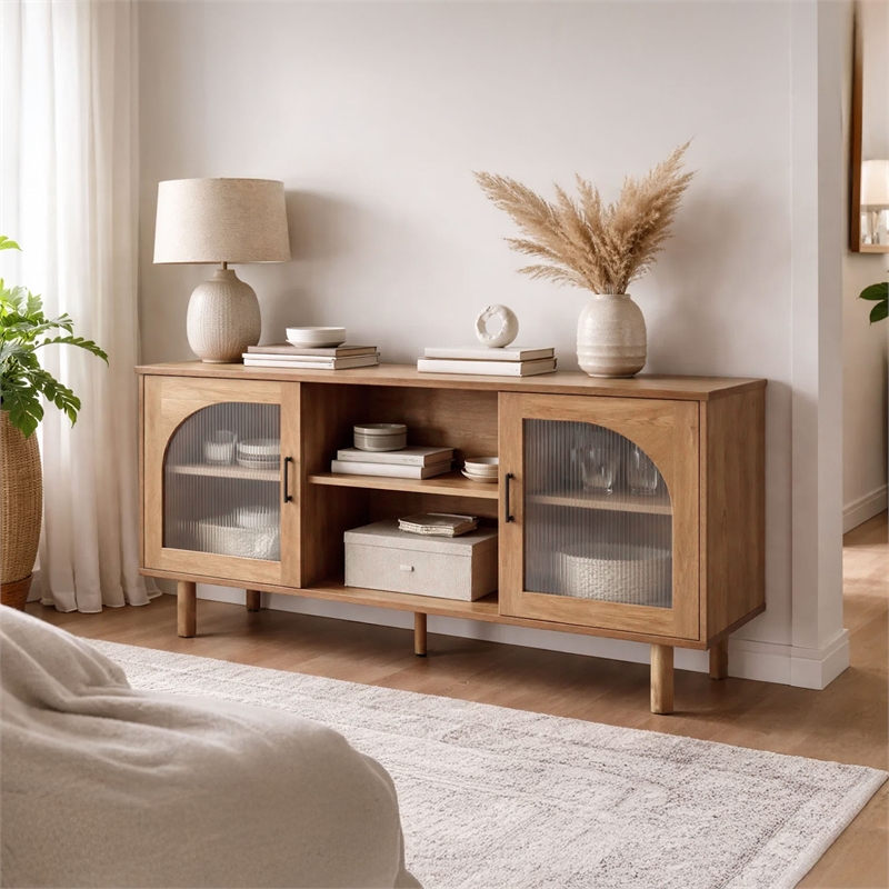 Pemberly Row 64 Inch TV Stand Console with 2 Glass Door Cabinets in Brown