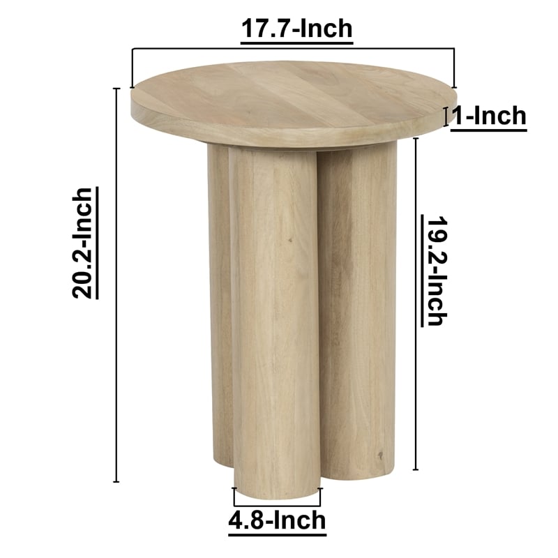 Pemberly Row 17.7 Inch Round Side Table with 3 Pillar Legs in Brown Mango Wood