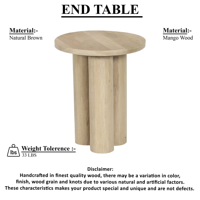 Pemberly Row 17.7 Inch Round Side Table with 3 Pillar Legs in Brown Mango Wood