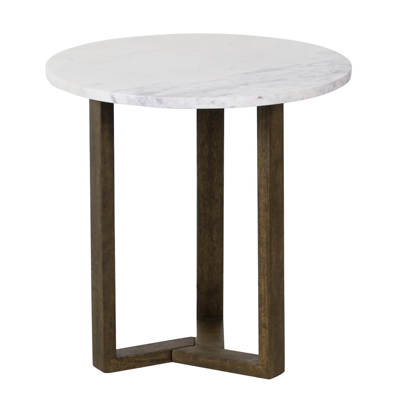 Pemberly Row 20 Inch Round Side End Table with White Marble Top in Brown