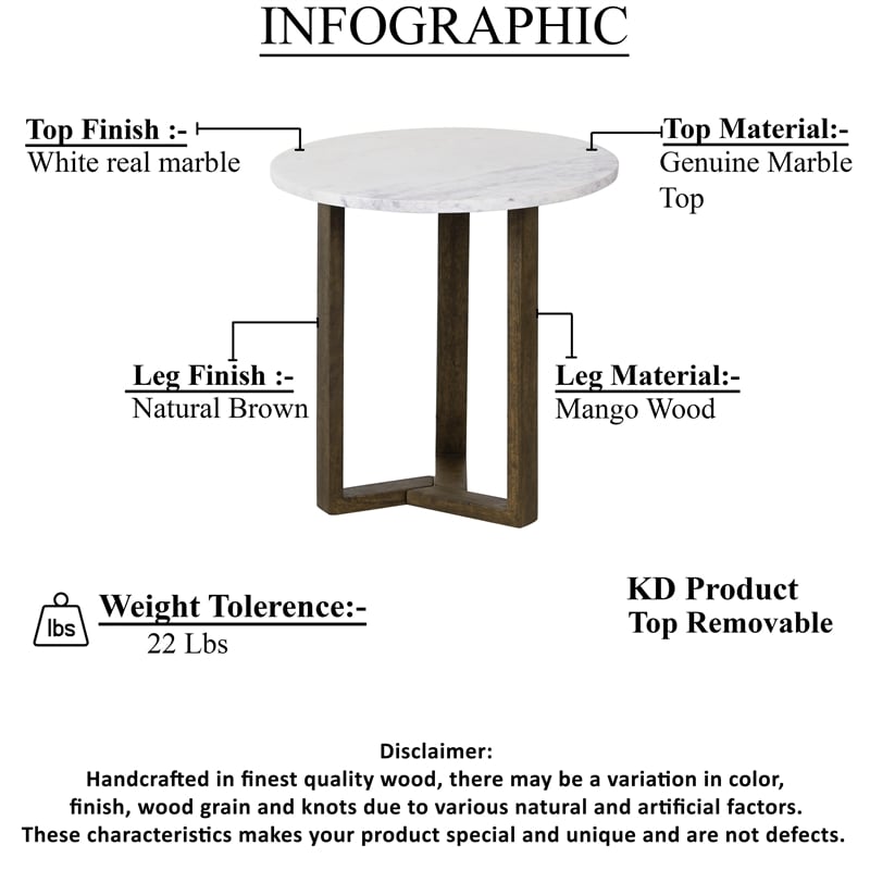 Pemberly Row 20 Inch Round Side End Table with White Marble Top in Brown