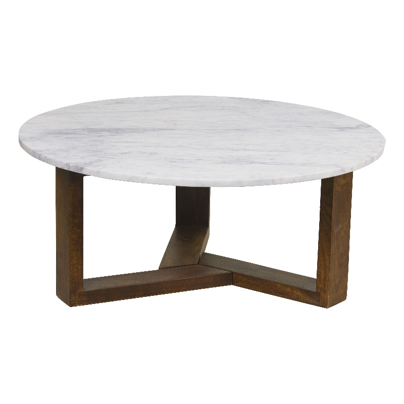 Pemberly Row 38 Inch Round Coffee Table with White Marble Top in Brown