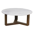 Pemberly Row 38 Inch Round Coffee Table with White Marble Top in Brown