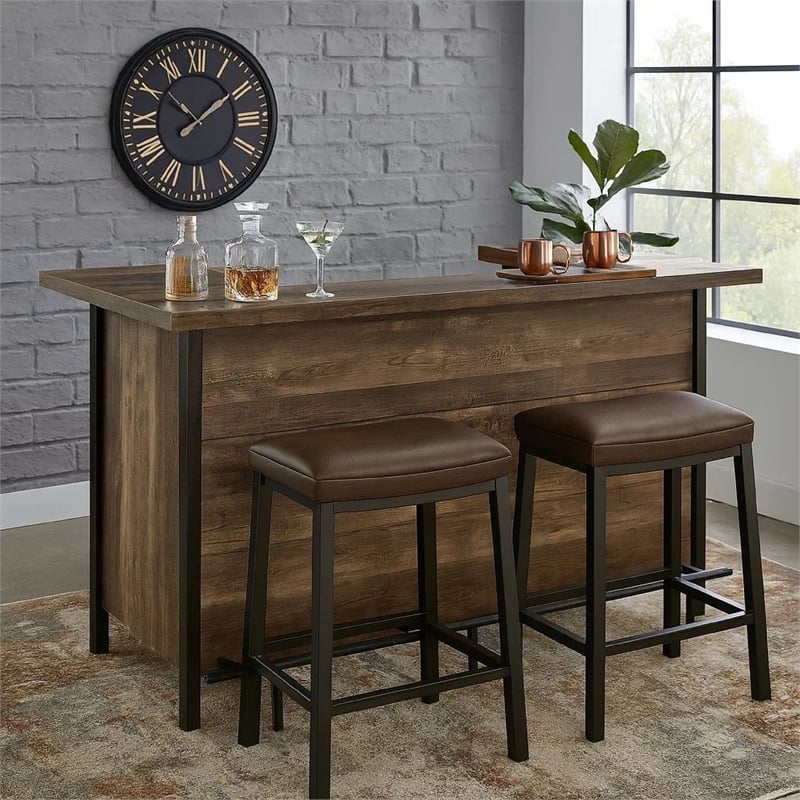 Pemberly Row 71 Inch Rectangular Home Bar Serving Unit with Storage in Brown
