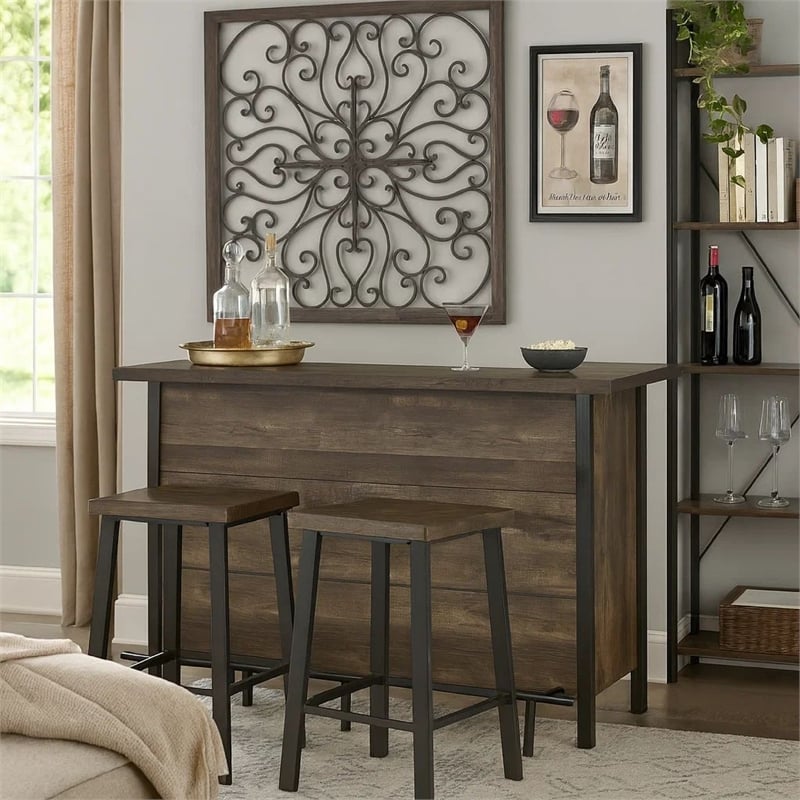 Pemberly Row 71 Inch Rectangular Home Bar Serving Unit with Storage in Brown
