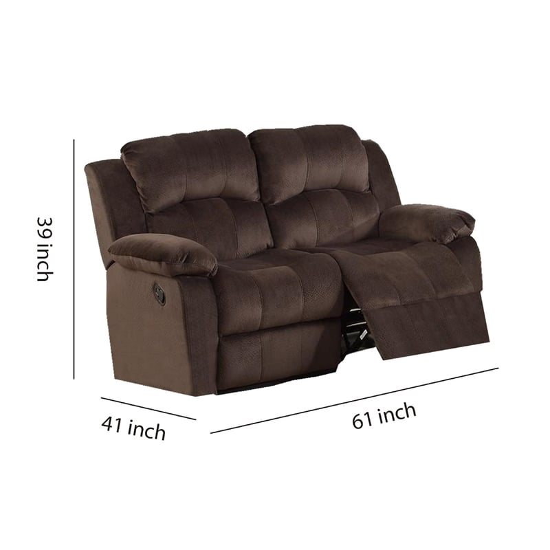 Pemberly Row Pine Wood Reclining Loveseat with Padded Suede in Brown