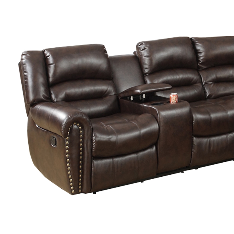 Pemberly Row Bonded Leather 3 Piece Reclining Sectional with Console in Brown