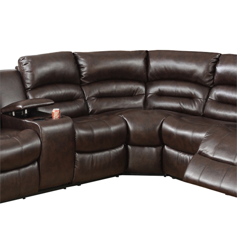 Pemberly Row Bonded Leather 3 Piece Reclining Sectional with Console in Brown
