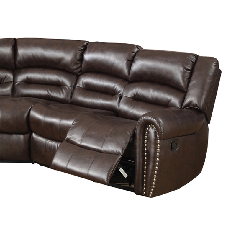 Pemberly Row Bonded Leather 3 Piece Reclining Sectional with Console in Brown