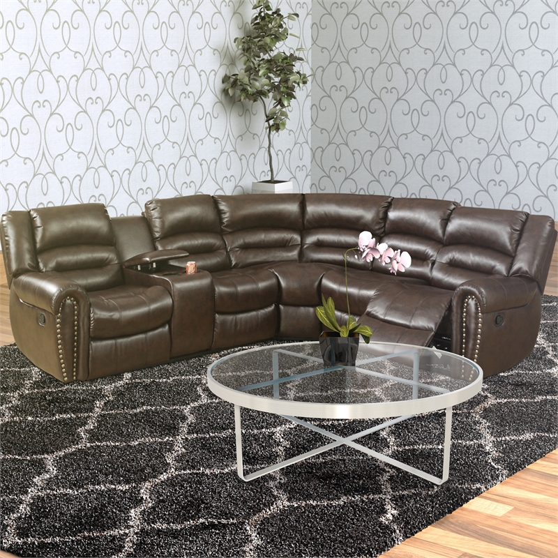Pemberly Row Bonded Leather 3 Piece Reclining Sectional with Console in Brown