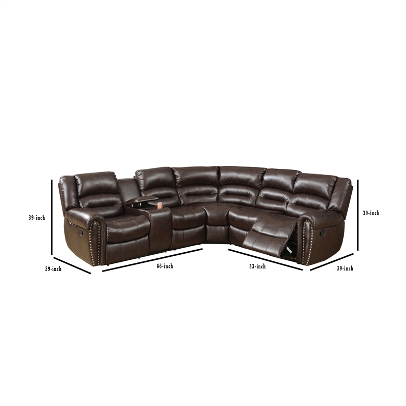 Pemberly Row Bonded Leather 3 Piece Reclining Sectional with Console in Brown