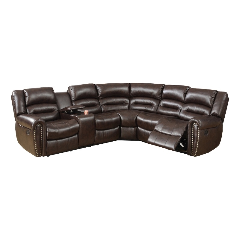 Pemberly Row Bonded Leather 3 Piece Reclining Sectional with Console in Brown