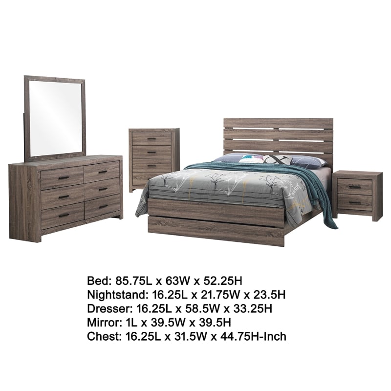 Pemberly Row 5 Piece Queen Bedroom Set with Dresser Mirror in Oak Brown