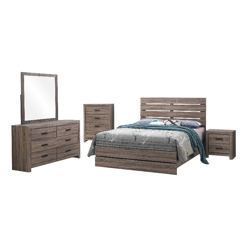 Pemberly Row 5 Piece Queen Bedroom Set with Dresser Mirror in Oak Brown