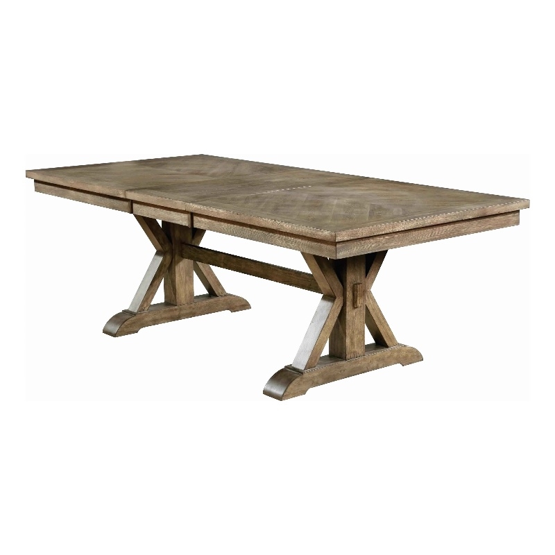 Pemberly Row Wooden Dining Table with Trestle Base and Expandable Leaf in Brown
