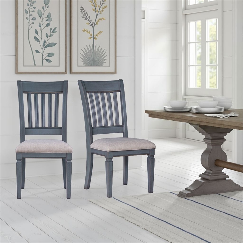 Pemberly Row Slat Back Dining Chair in Corduroy Blue (Set of 2)