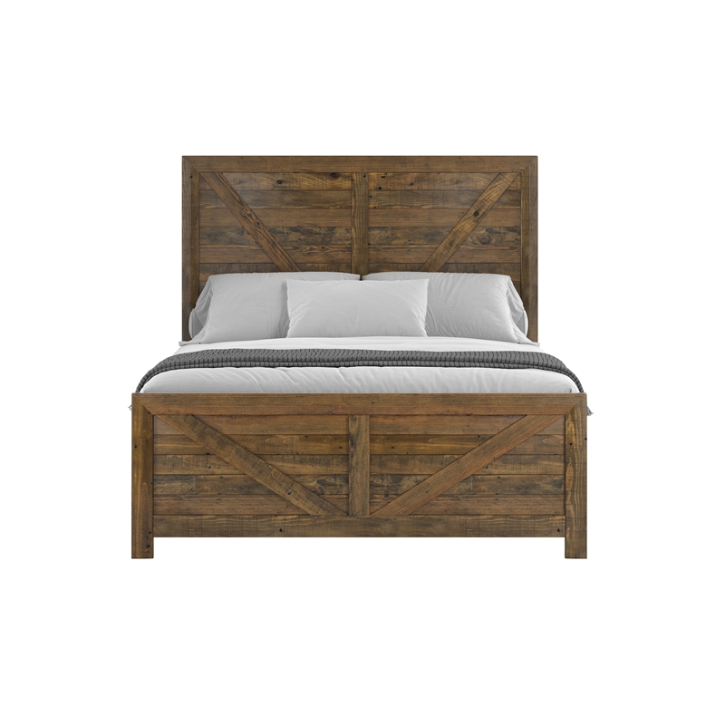 Pemberly Row Rustic Reclaimed Pine Queen Bed Frame with Panel Headboard in Brown