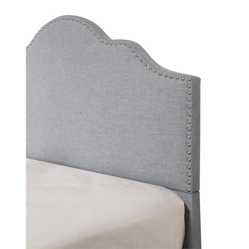 Pemberly Row Queen Platform Bed Frame with Nailhead Trim in Charcoal Gray Linen