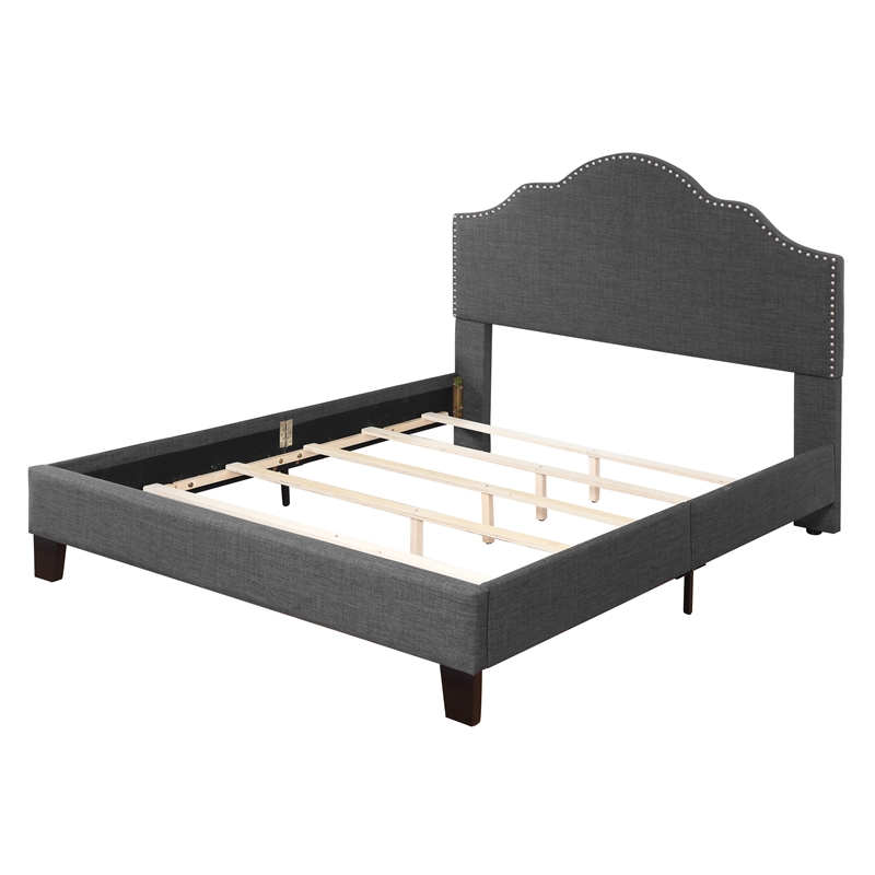 Pemberly Row California King Platform Bed Frame with Nailhead Trim in Gray Linen