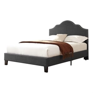 Pemberly Row King Platform Bed Frame with Nailhead Trim in Gray Linen