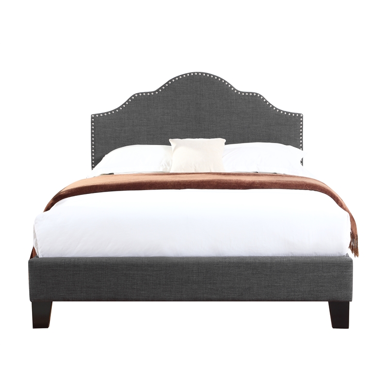 Pemberly Row Queen Platform Bed Frame with Nailhead Trim in Gray Linen