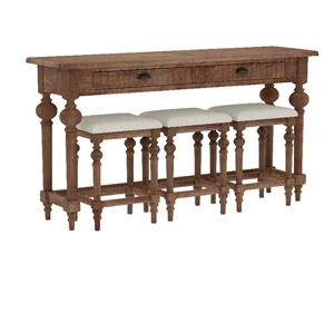 Pemberly Row Console Table Set with 3 Stools and 2 Storage Drawers in Brown