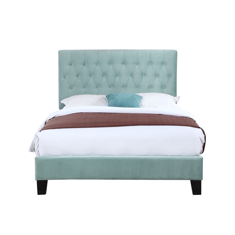 Pemberly Row Blue Polyester Tufted Full Platform Bed with Center Support