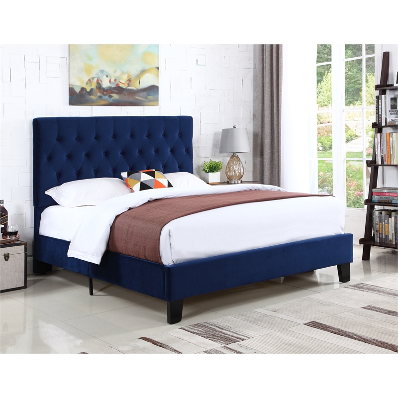 Pemberly Row Velvet Button-Tufted Cal King Platform Bed w/ 7