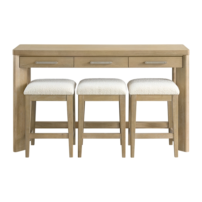 Pemberly Row Oak Console Table Set with 3 Stools & 3 Drawers in Sand Dune Beige