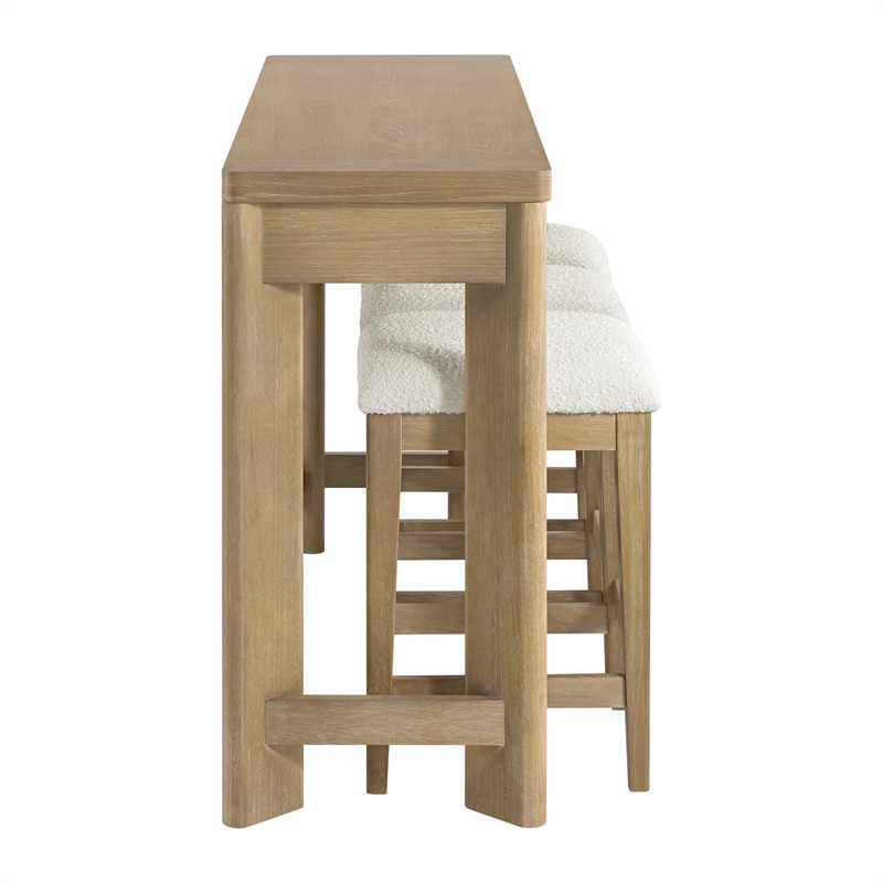 Pemberly Row Oak Console Table Set with 3 Stools & 3 Drawers in Sand Dune Beige